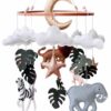 Boxmobiel Tiny Zoo met safari diertjes van vilt – houten ring met olifant, zebra, giraffe, leeuw en panter – handgemaakt ontwerp van Kiekepiep
